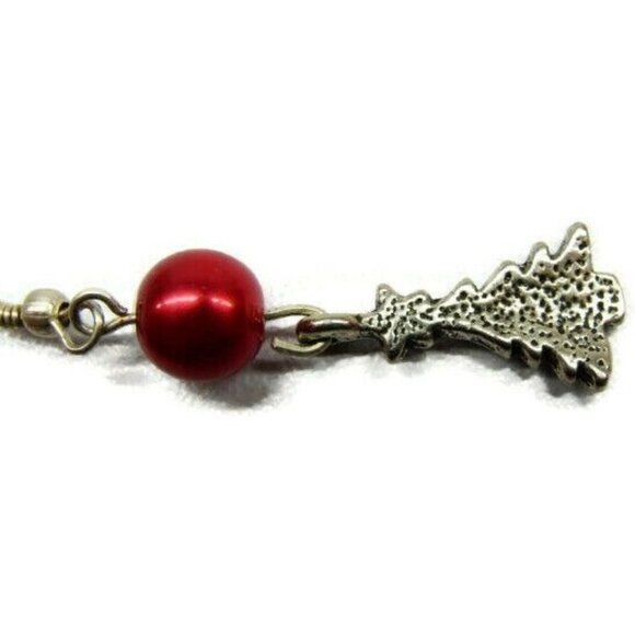 Christmas Tree Red Ball Silver Tone Vertical Drop Dangle Hook Earrings Womans - Picture 6 of 7